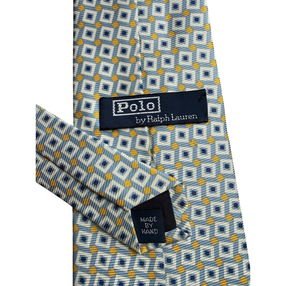 Polo Ralph Lauren Tie Mens OS Blue Yellow Geometric Silk Hand Made